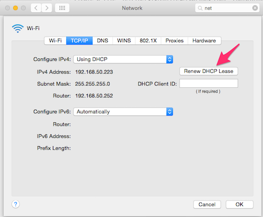 Renew DHCP lease, Mac OS X 10.10